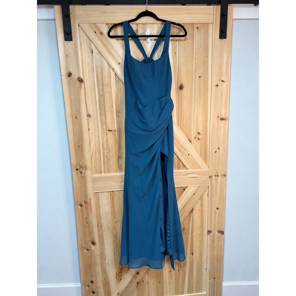 Azazie Chiffon Formal Gown- Draped Slit Maxi Dress A2 Crisscross Back